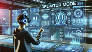 DALL·E 2025-02-11 01.17.37 - A futuristic control room with a high-tech AI interface displaying 'Operator Mode'. A person in a sleek headset interacts with the interface, adjustin