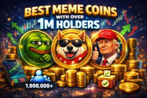 Feature image showing top meme coins with over one million holders, including Pepe, Doge, and Trump themed tokens, with rising crypto charts and digital coins background.