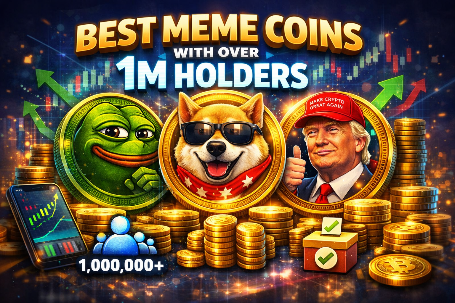 Feature image showing top meme coins with over one million holders, including Pepe, Doge, and Trump themed tokens, with rising crypto charts and digital coins background.
